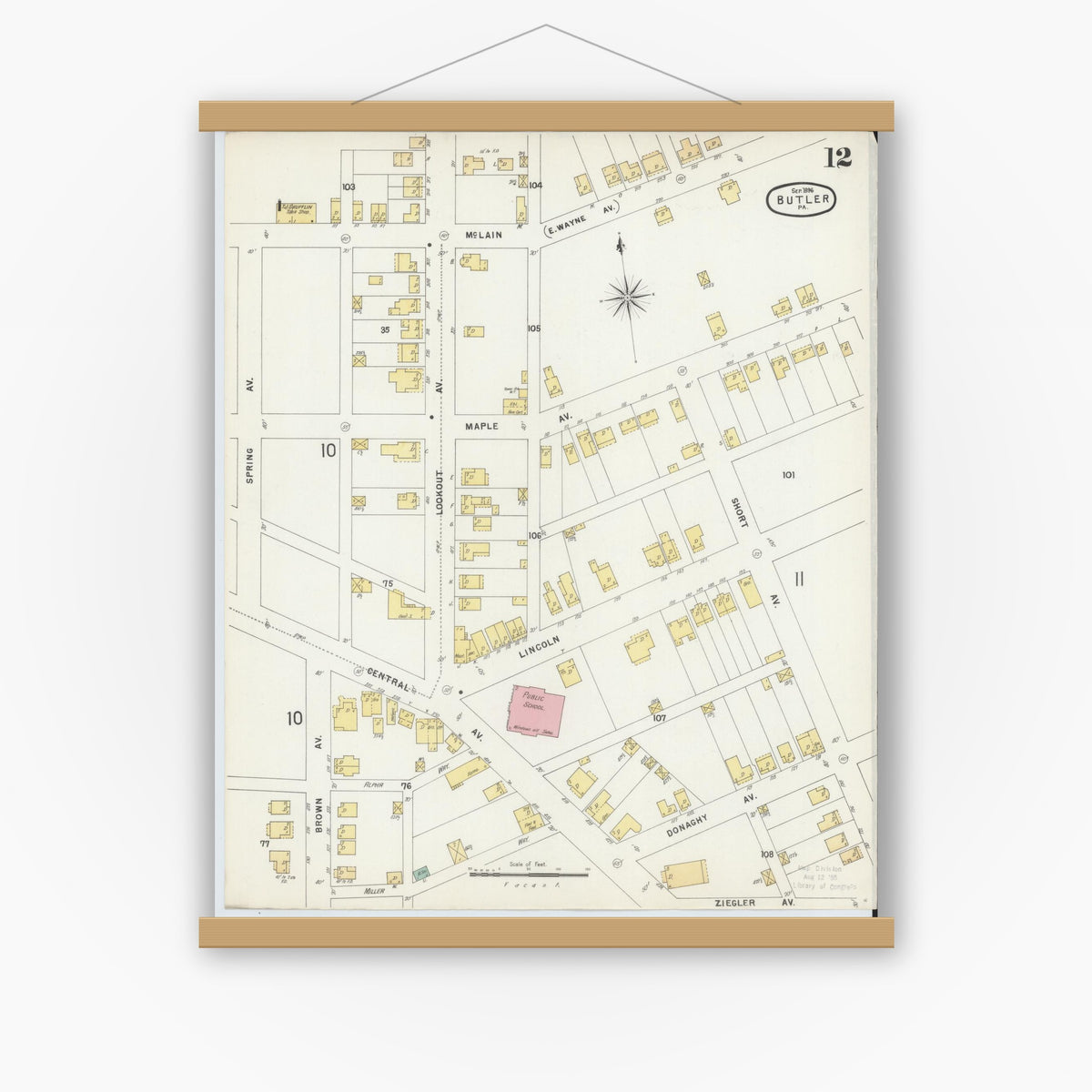 Old map wall art mockup — magnetic wood frame on white wall — Sanborn Fire Insurance Map from Butler, Butler County, Pennsylvania (1896), Sheet #0012