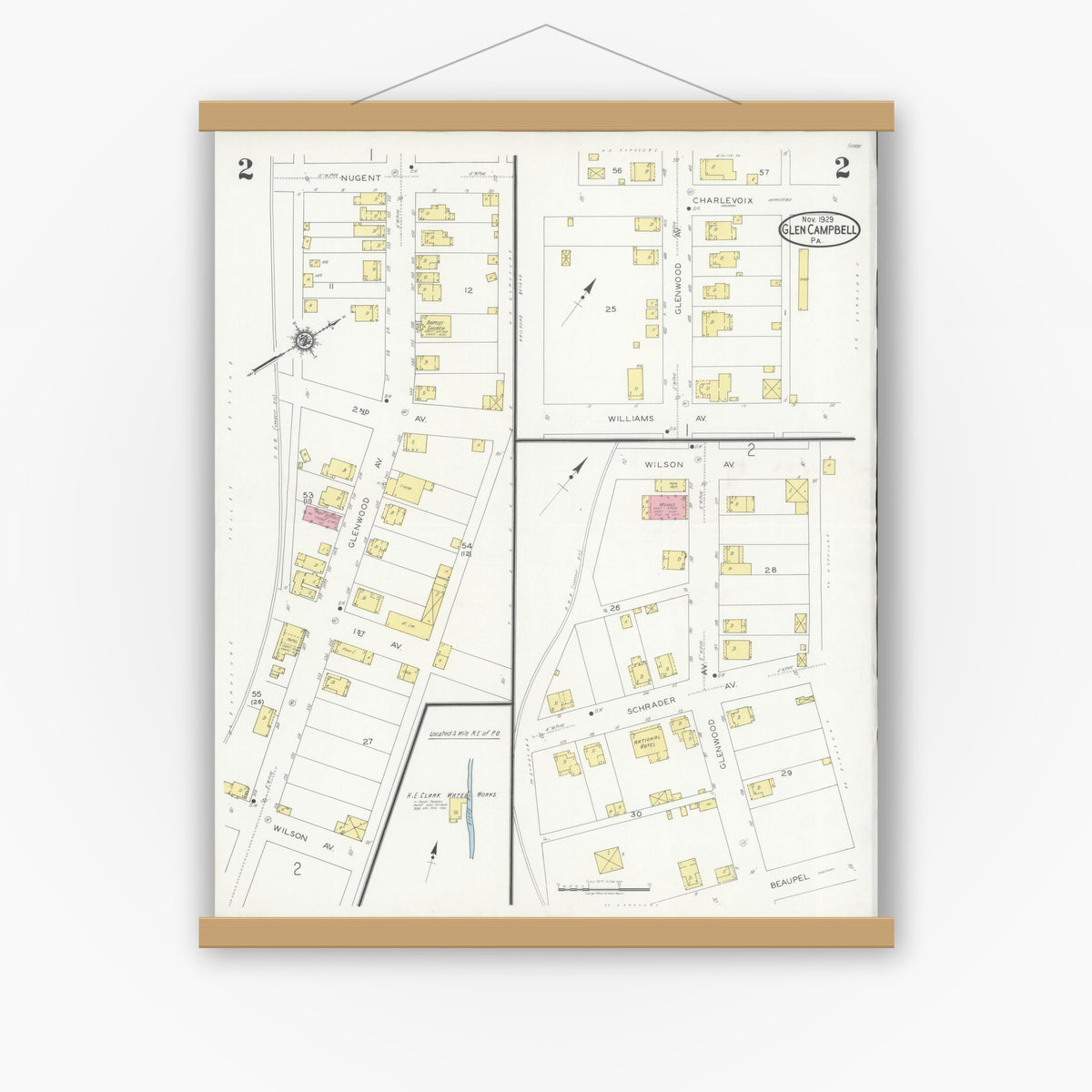Old map wall art mockup — magnetic wood frame on white wall — Sanborn Fire Insurance Map from Glen Campbell, Indiana County, Pennsylvania (1929), Sheet #0002