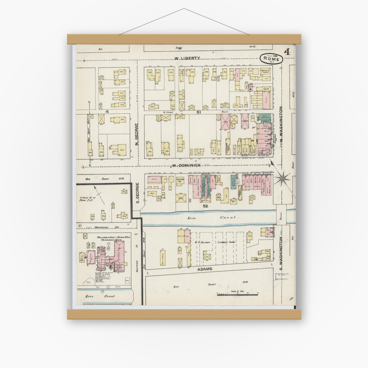 Old map wall art mockup — magnetic wood frame on white wall — Sanborn Fire Insurance Map from Rome, Oneida County, New York (1888), Sheet #0004