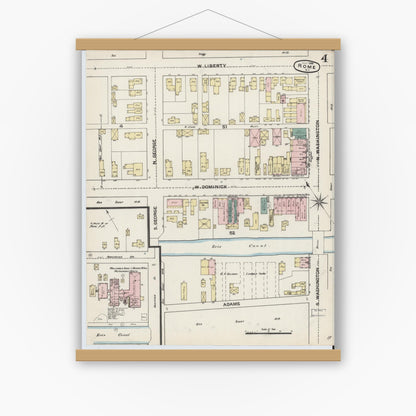 Old map wall art mockup — magnetic wood frame on white wall — Sanborn Fire Insurance Map from Rome, Oneida County, New York (1888), Sheet #0004