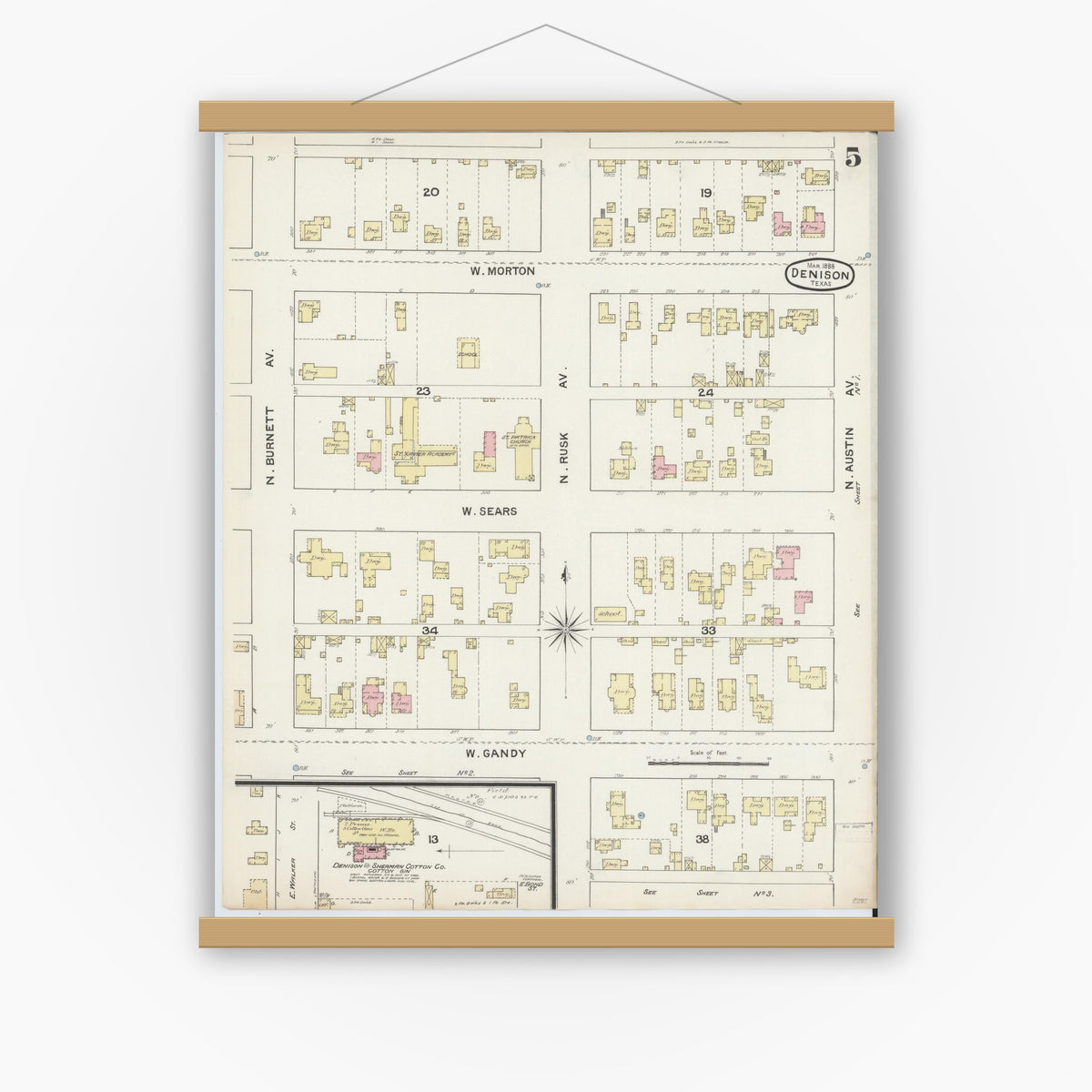 Old map wall art mockup — magnetic wood frame on white wall — Sanborn Fire Insurance Map from Denison, Grayson County, Texas (1888), Sheet #0005