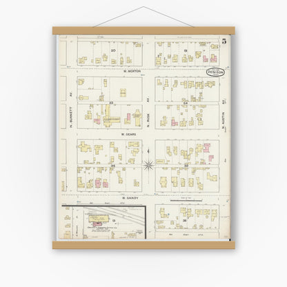 Old map wall art mockup — magnetic wood frame on white wall — Sanborn Fire Insurance Map from Denison, Grayson County, Texas (1888), Sheet #0005