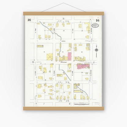 Old map wall art mockup — magnetic wood frame on white wall — Sanborn Fire Insurance Map from Ocala, Marion County, Florida (1924), Sheet #0016