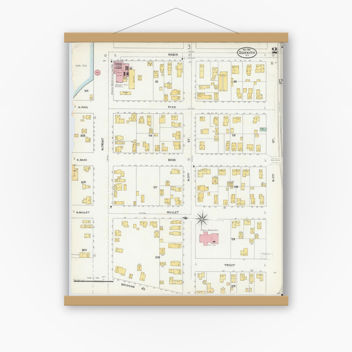 Old map wall art mockup — magnetic wood frame on white wall — Sanborn Fire Insurance Map from Dunkirk, Chautauqua County, New York (1904), Sheet #0002