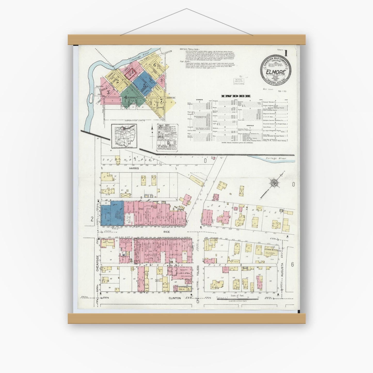 Old map wall art mockup — magnetic wood frame on white wall — Sanborn Fire Insurance Map from Elmore, Ottawa County, Ohio (1920), Sheet #0001