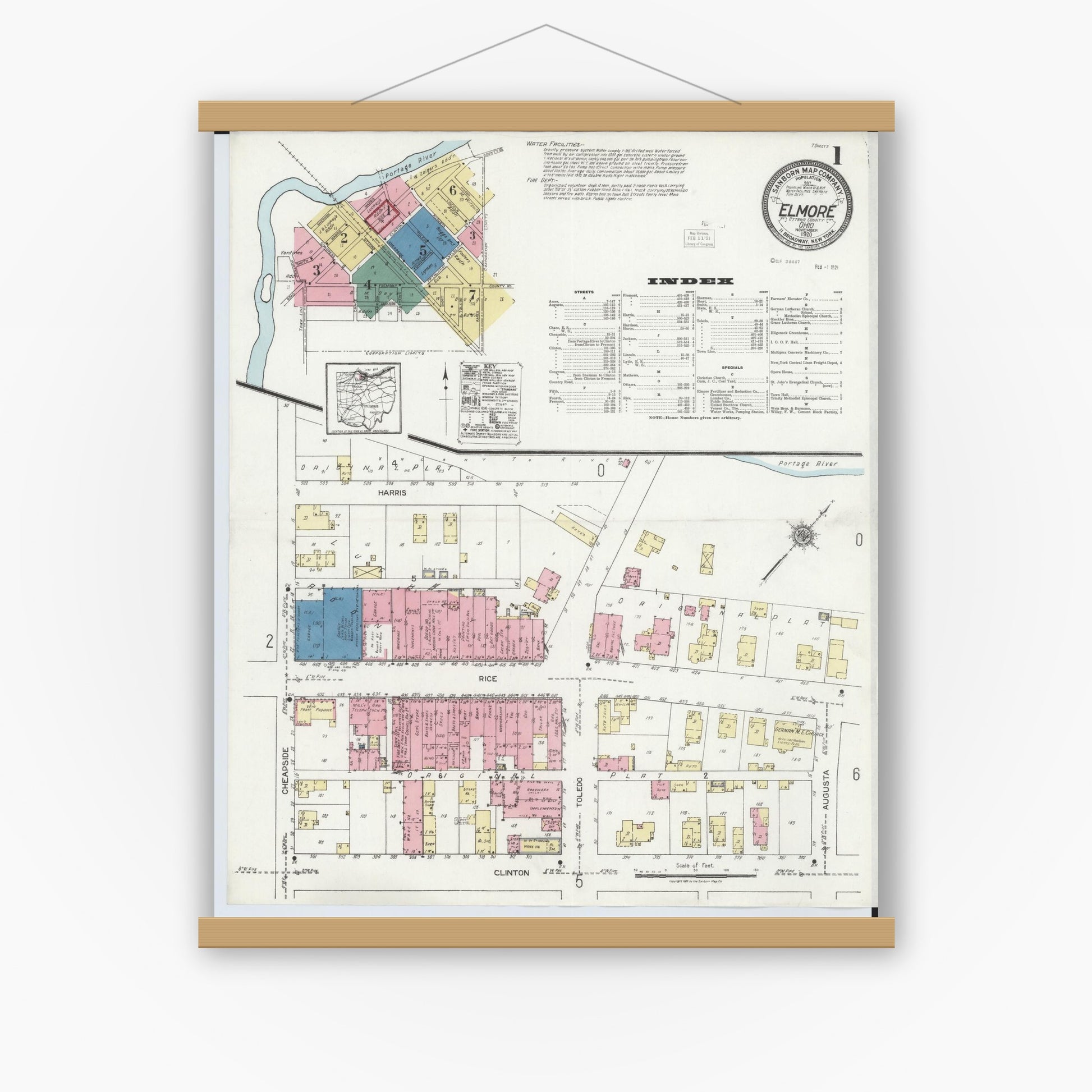Old map wall art mockup — magnetic wood frame on white wall — Sanborn Fire Insurance Map from Elmore, Ottawa County, Ohio (1920), Sheet #0001