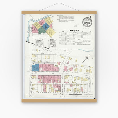 Old map wall art mockup — magnetic wood frame on white wall — Sanborn Fire Insurance Map from Elmore, Ottawa County, Ohio (1920), Sheet #0001