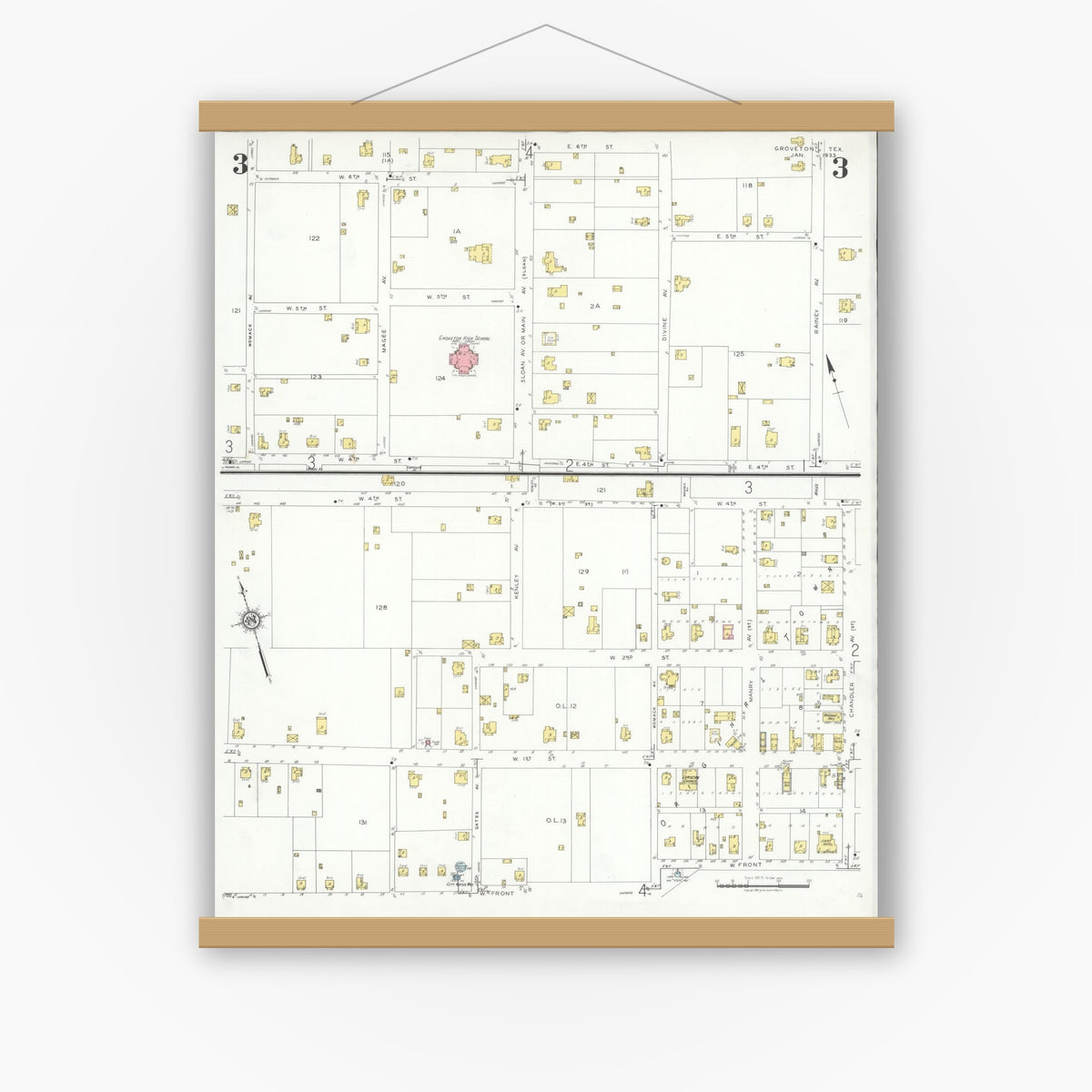 Old map wall art mockup — magnetic wood frame on white wall — Sanborn Fire Insurance Map from Groveton, Trinity County, Texas (1933), Sheet #0003