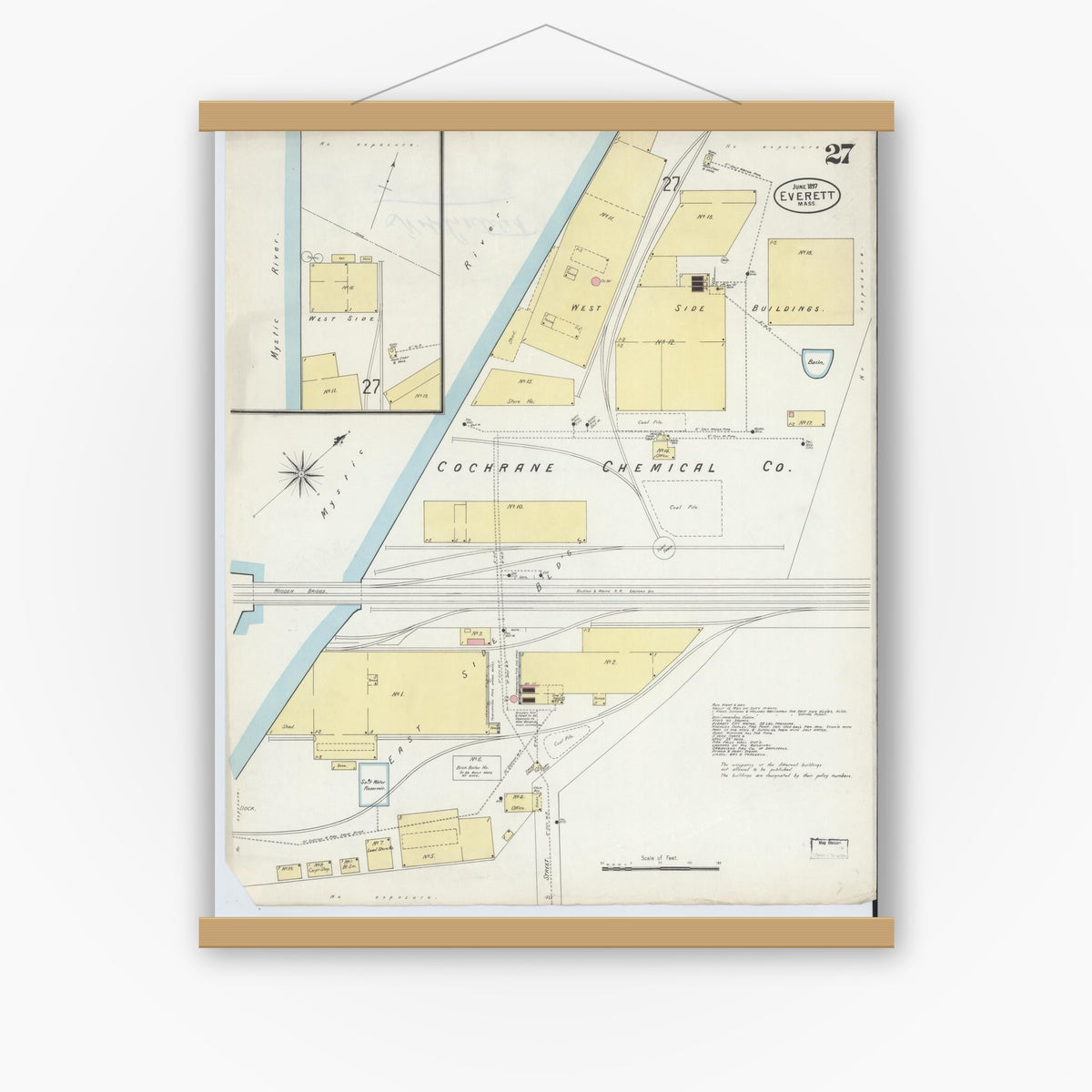 Old map wall art mockup — magnetic wood frame on white wall — Sanborn Fire Insurance Map from Everett, Middlesex County, Massachusetts (1897), Sheet #0027