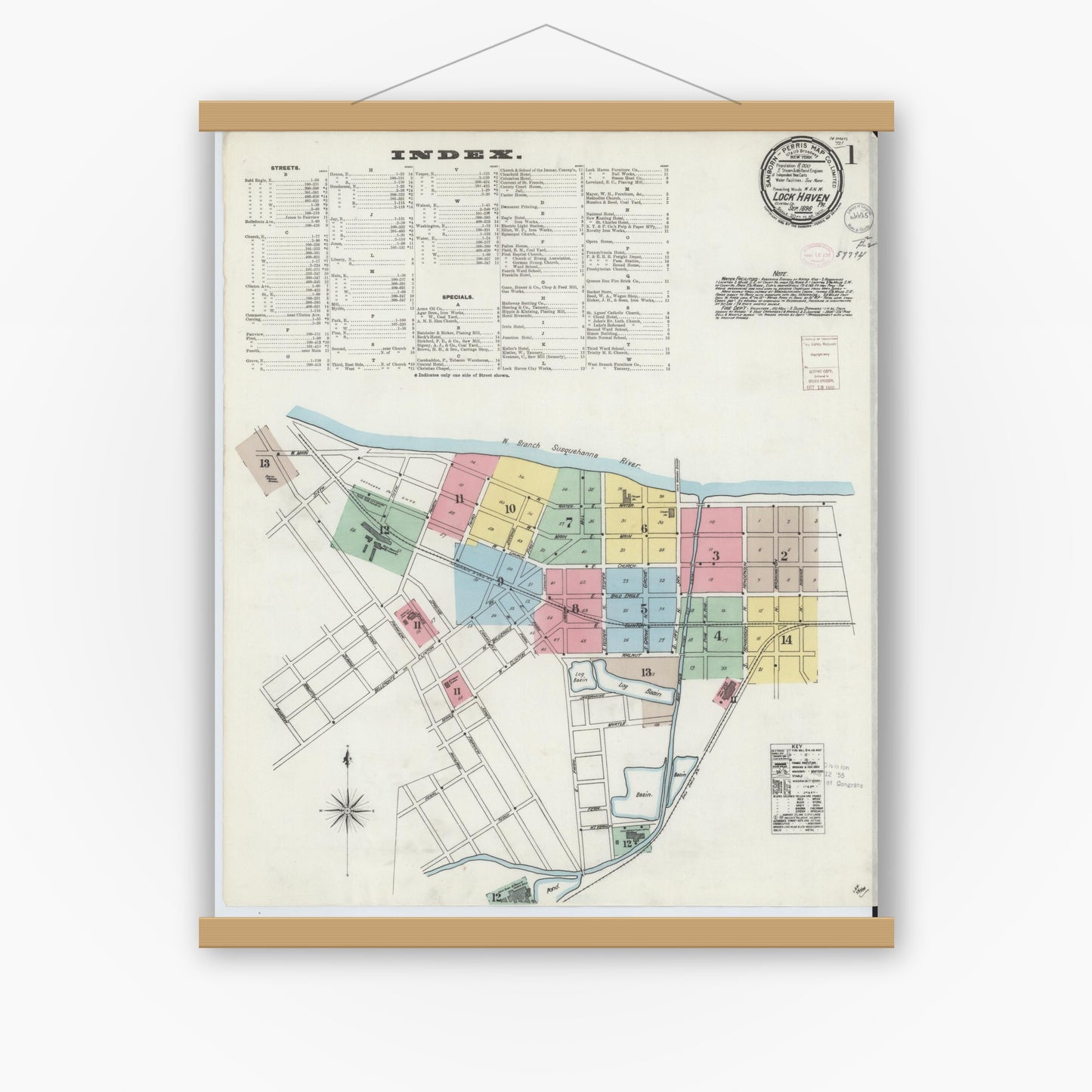 Old map wall art mockup — magnetic wood frame on white wall — Sanborn Fire Insurance Map from Lock Haven, Clinton County, Pennsylvania (1896), Sheet #0001