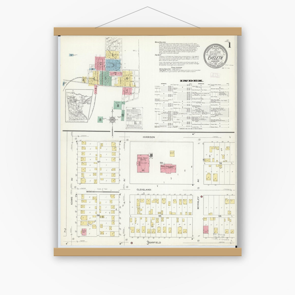 Old map wall art mockup — magnetic wood frame on white wall — Sanborn Fire Insurance Map from Eveleth, Saint Louis County, Minnesota (1912), Sheet #0001