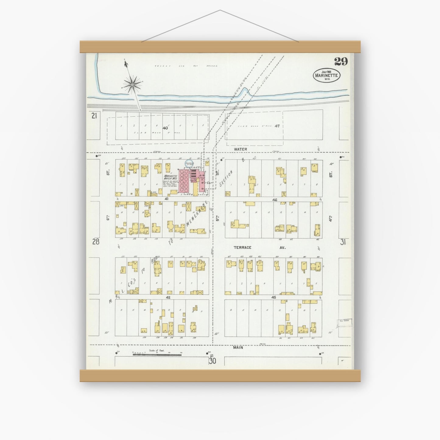 Old map wall art mockup — magnetic wood frame on white wall — Sanborn Fire Insurance Map from Marinette, Marinette County, Wisconsin (1901), Sheet #0029