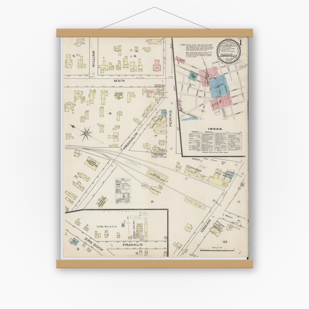 Old map wall art mockup — magnetic wood frame on white wall — Sanborn Fire Insurance Map from Dansville, Livingston County, New York (1886), Sheet #0001