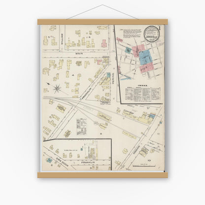 Old map wall art mockup — magnetic wood frame on white wall — Sanborn Fire Insurance Map from Dansville, Livingston County, New York (1886), Sheet #0001