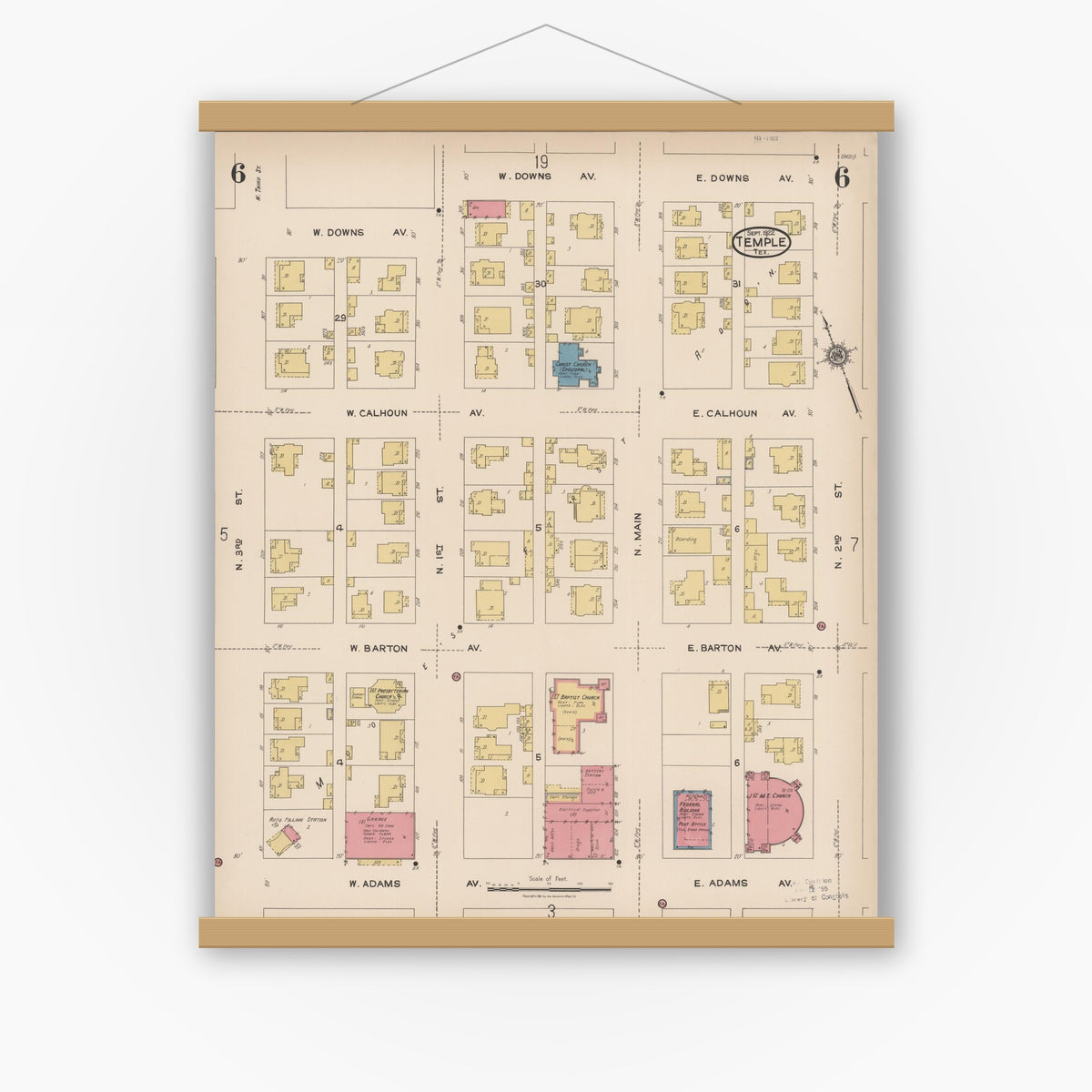 Old map wall art mockup — magnetic wood frame on white wall — Sanborn Fire Insurance Map from Temple, Bell County, Texas (1922), Sheet #0006