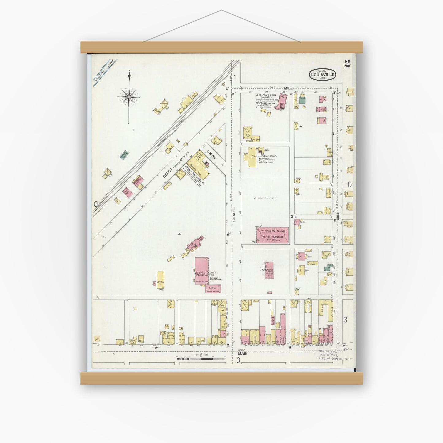 Old map wall art mockup — magnetic wood frame on white wall — Sanborn Fire Insurance Map from Louisville, Stark County, Ohio (1901), Sheet #0002