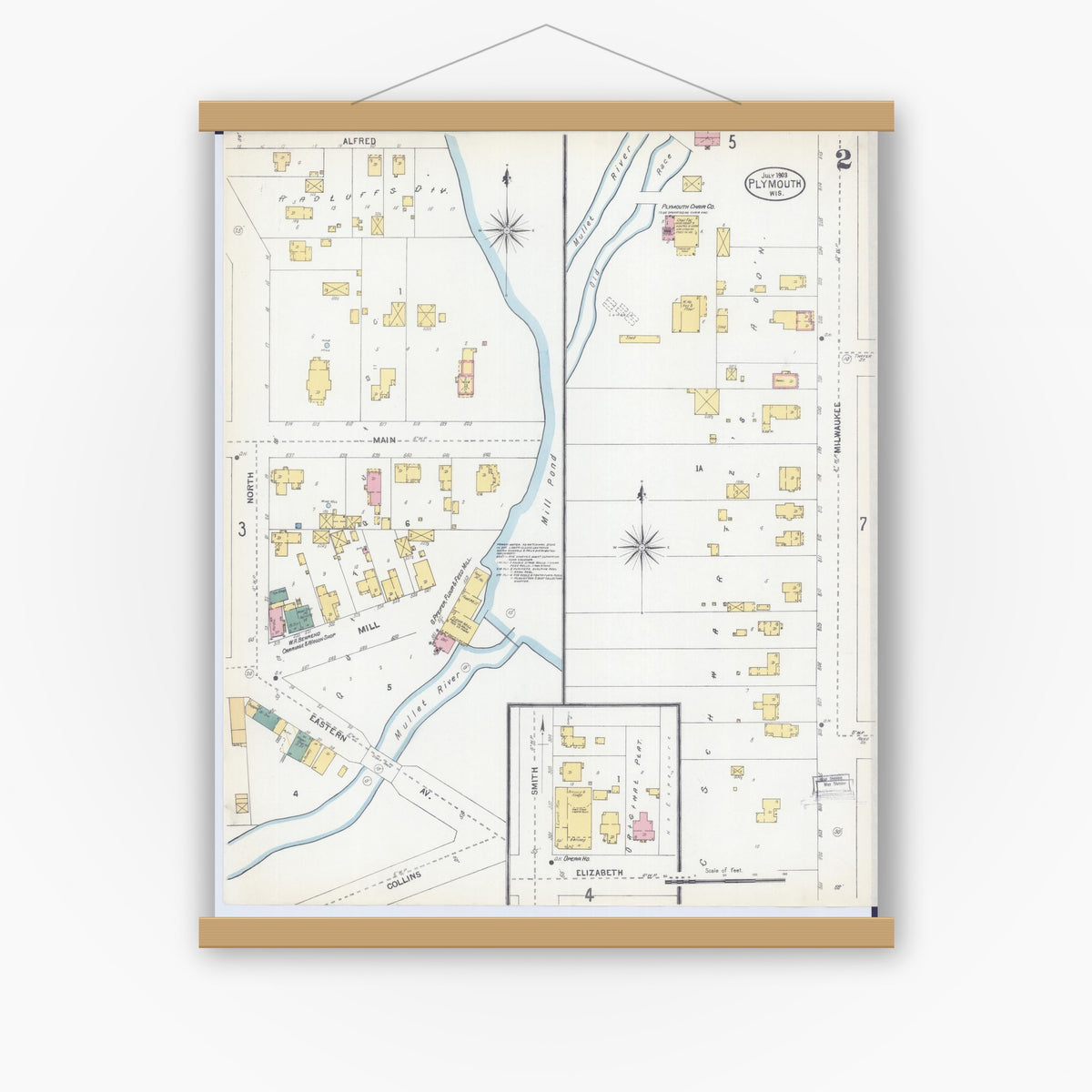 Old map wall art mockup — magnetic wood frame on white wall — Sanborn Fire Insurance Map from Plymouth, Sheboygan County, Wisconsin (1903), Sheet #0002