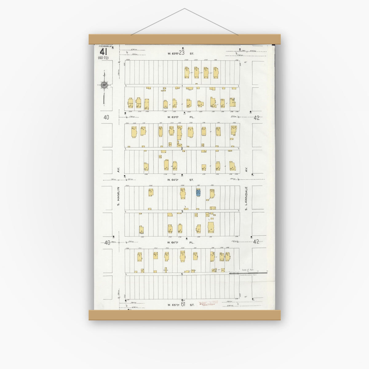 Old map wall art mockup — magnetic wood frame on white wall — Sanborn Fire Insurance Map from Chicago, Cook County, Illinois (1920), Sheet #0041