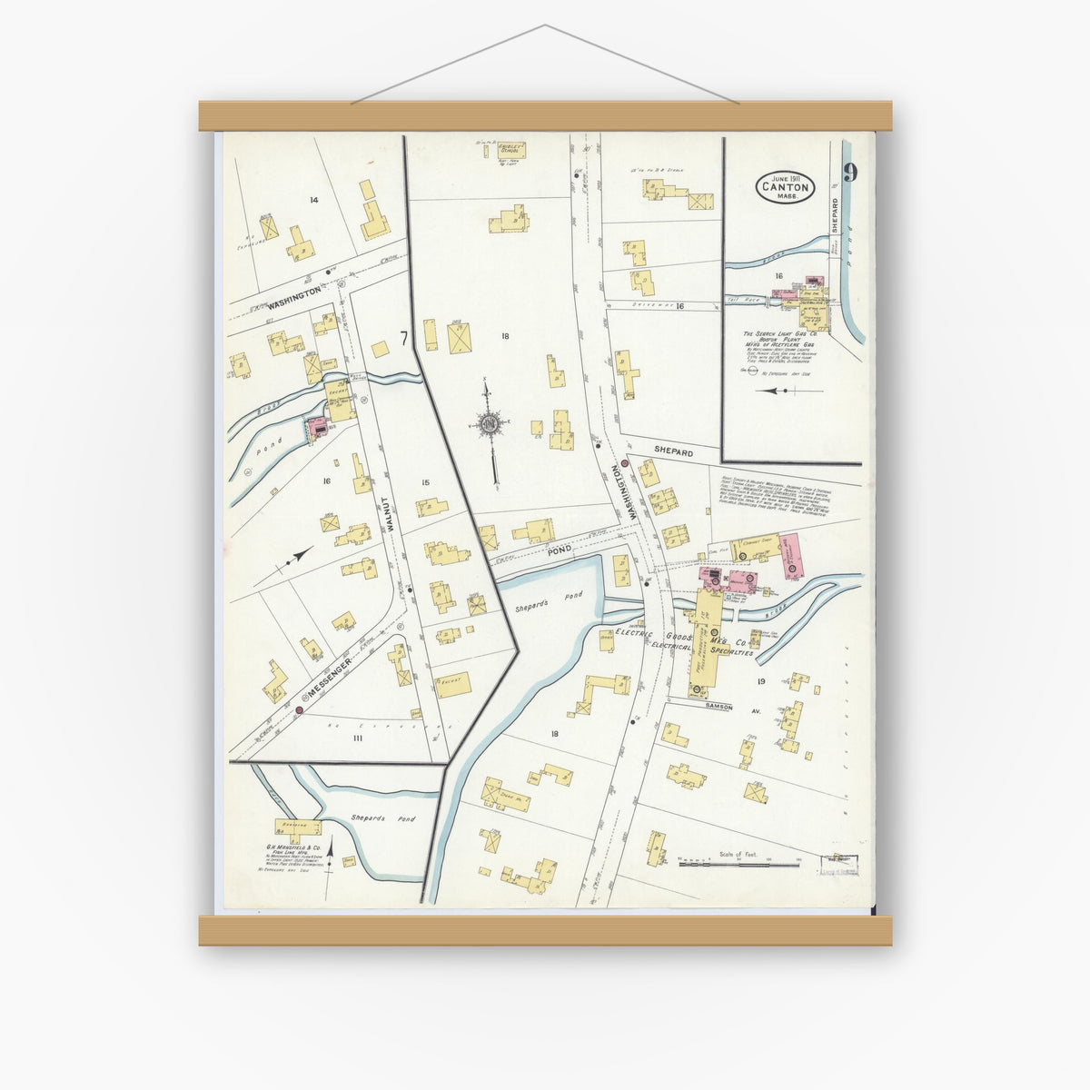 Old map wall art mockup — magnetic wood frame on white wall — Sanborn Fire Insurance Map from Canton, Norfolk County, Massachusetts (1911), Sheet #0009