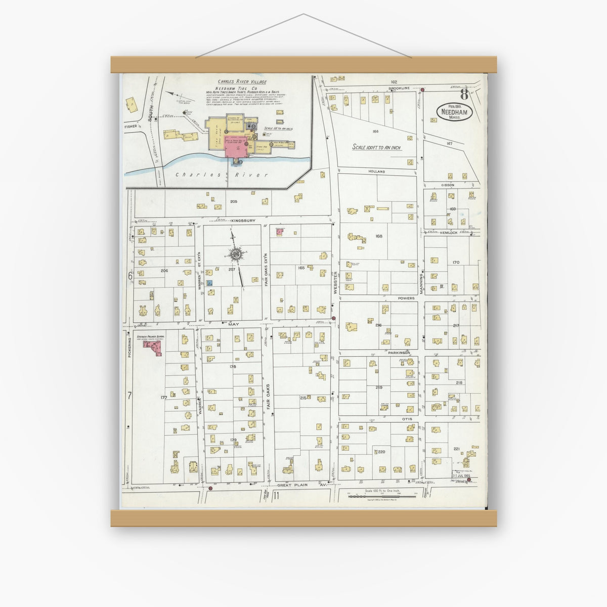 Old map wall art mockup — magnetic wood frame on white wall — Sanborn Fire Insurance Map from Needham, Norfolk County, Massachusetts (1919), Sheet #0008