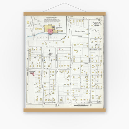 Old map wall art mockup — magnetic wood frame on white wall — Sanborn Fire Insurance Map from Needham, Norfolk County, Massachusetts (1919), Sheet #0008