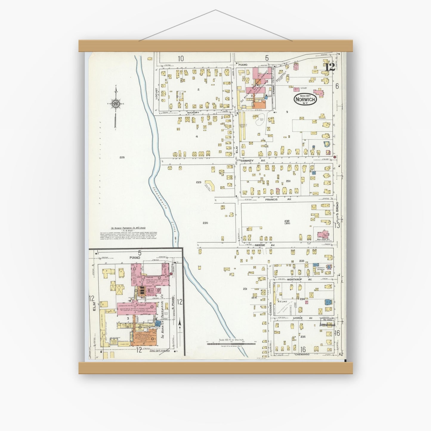 Old map wall art mockup — magnetic wood frame on white wall — Sanborn Fire Insurance Map from Norwich, Chenango County, New York (1917), Sheet #0012