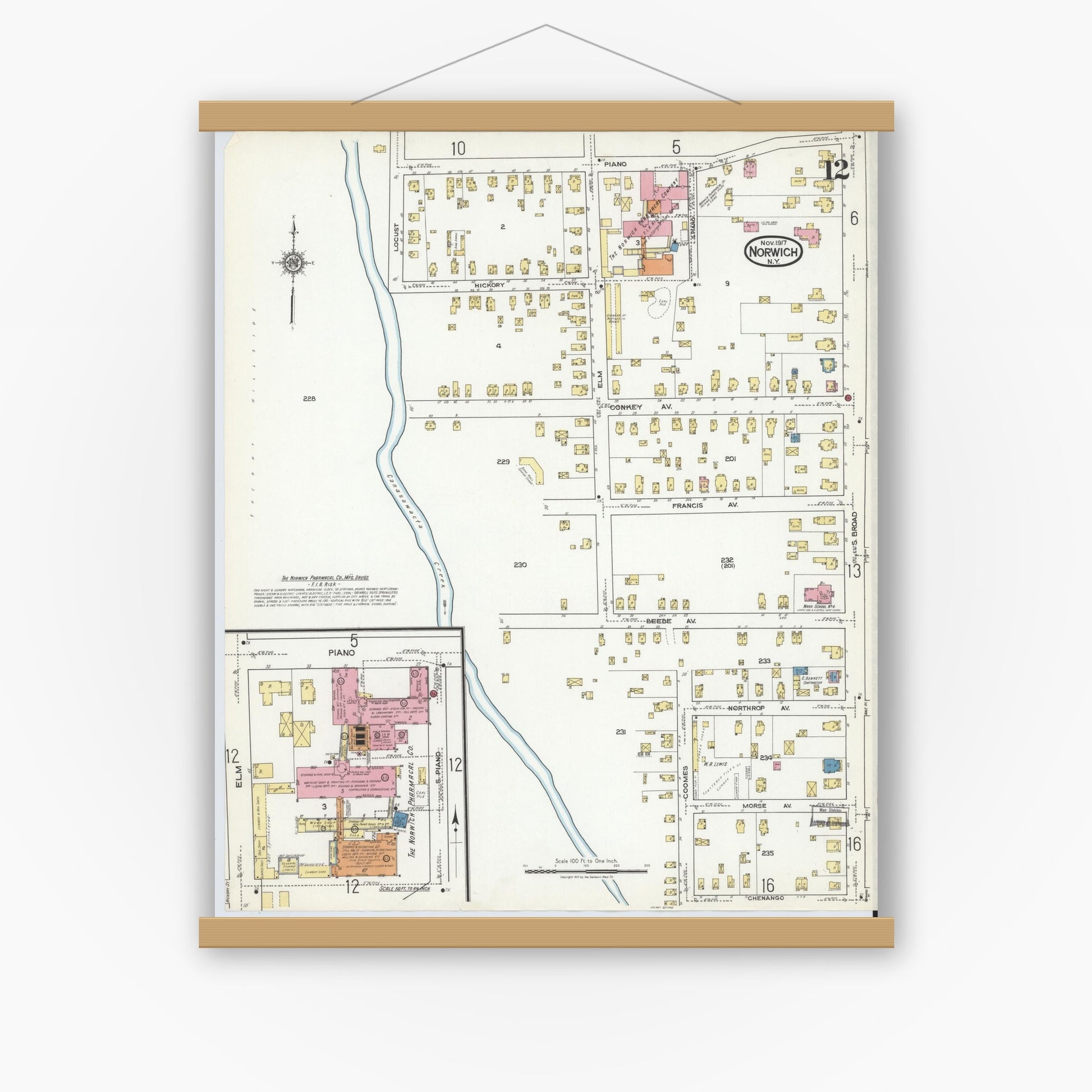 Old map wall art mockup — magnetic wood frame on white wall — Sanborn Fire Insurance Map from Norwich, Chenango County, New York (1917), Sheet #0012