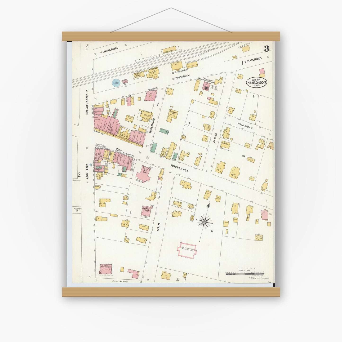 Old map wall art mockup — magnetic wood frame on white wall — Sanborn Fire Insurance Map from New London, Huron County, Ohio (1904), Sheet #0003
