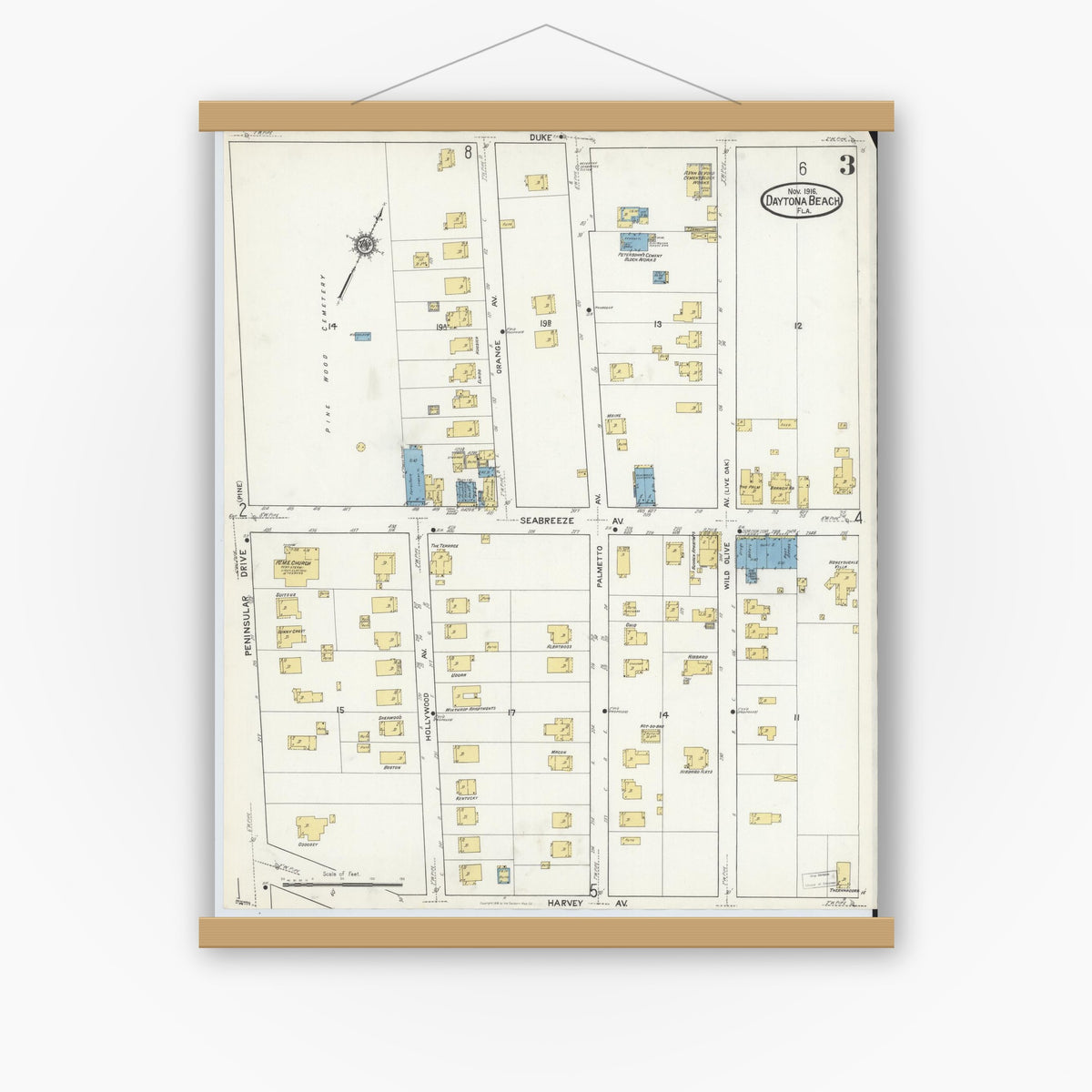 Old map wall art mockup — magnetic wood frame on white wall — Sanborn Fire Insurance Map from Daytona Beach, Volusia County, Florida (1916), Sheet #0003