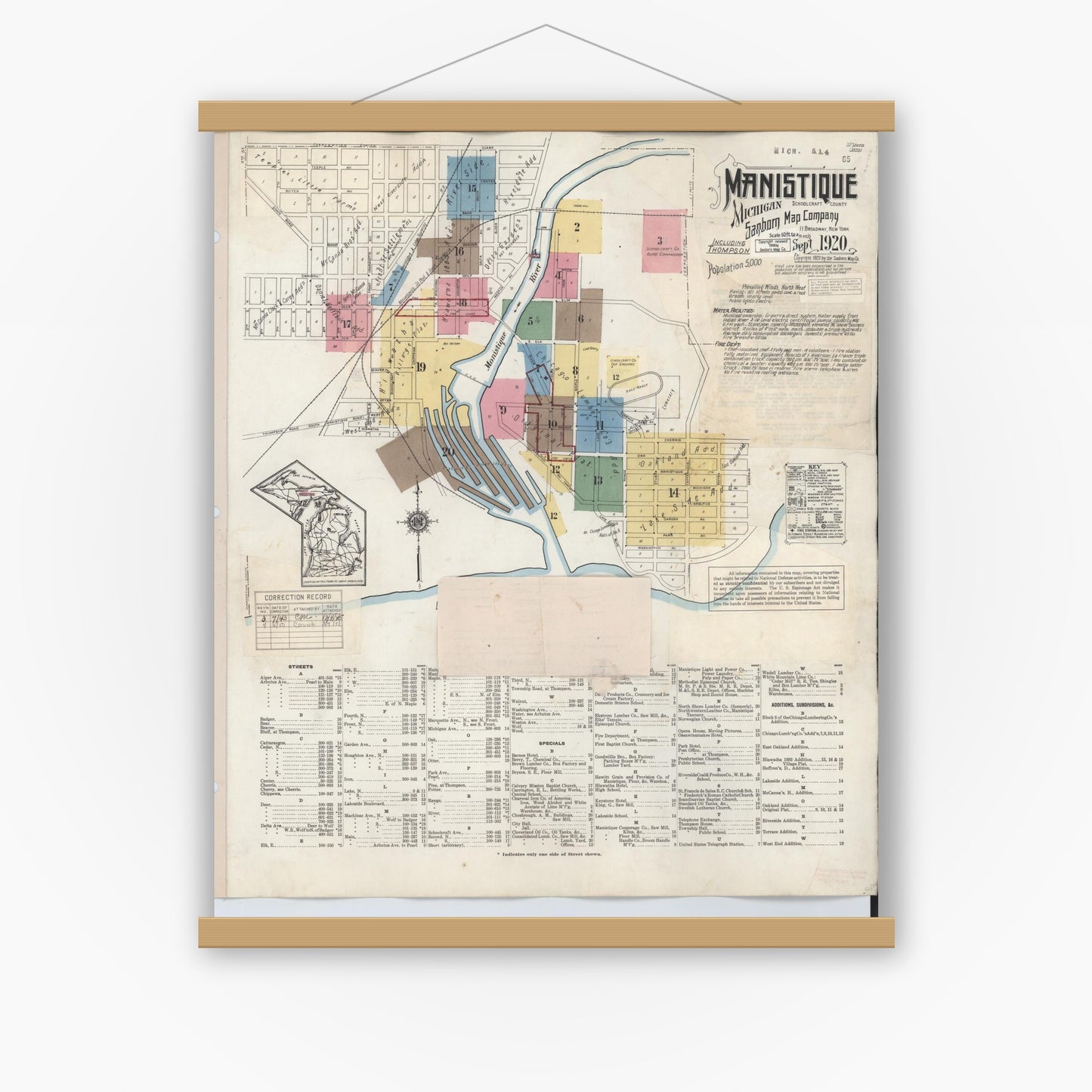 Old map wall art mockup — magnetic wood frame on white wall — Sanborn Fire Insurance Map from Manistique, Schoolcraft County, Michigan (1950) - Complete Map Set