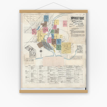 Old map wall art mockup — magnetic wood frame on white wall — Sanborn Fire Insurance Map from Manistique, Schoolcraft County, Michigan (1950) - Complete Map Set