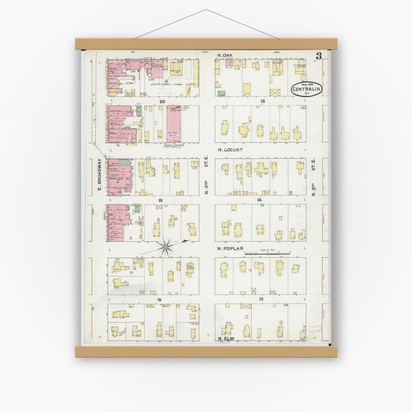 Old map wall art mockup — magnetic wood frame on white wall — Sanborn Fire Insurance Map from Centralia, Marion, Clinton, Jefferson, and Washington Counties, Illinois (1892), Sheet #0003