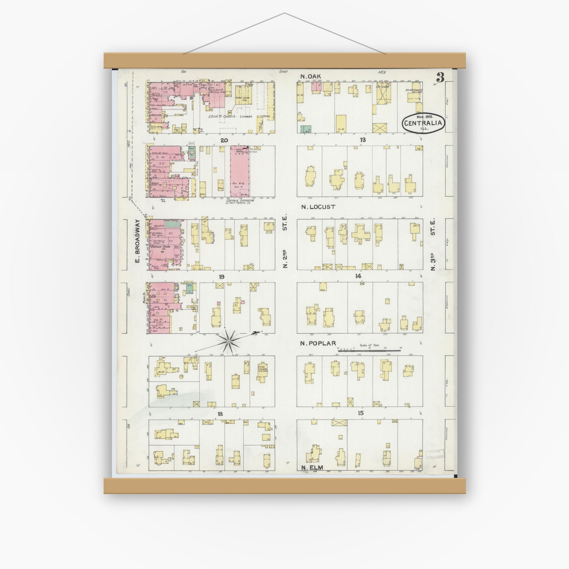 Old map wall art mockup — magnetic wood frame on white wall — Sanborn Fire Insurance Map from Centralia, Marion, Clinton, Jefferson, and Washington Counties, Illinois (1892), Sheet #0003
