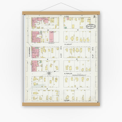 Old map wall art mockup — magnetic wood frame on white wall — Sanborn Fire Insurance Map from Centralia, Marion, Clinton, Jefferson, and Washington Counties, Illinois (1892), Sheet #0003