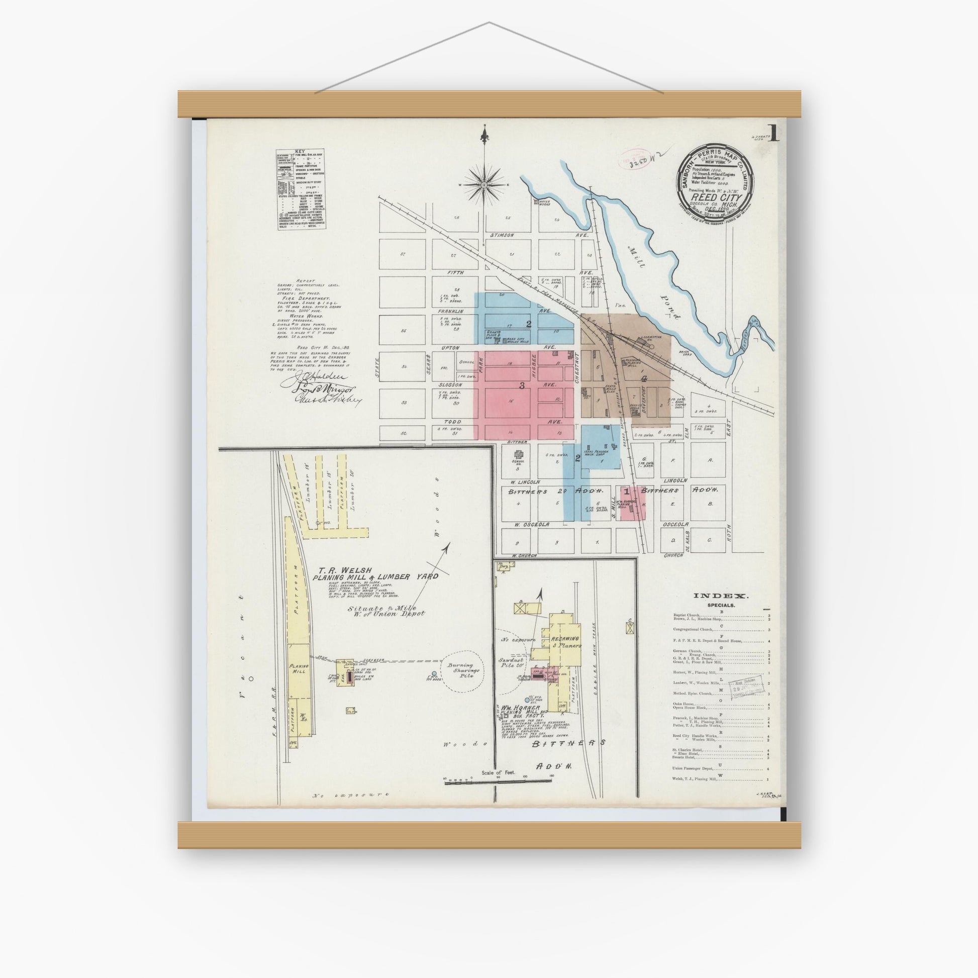 Old map wall art mockup — magnetic wood frame on white wall — Sanborn Fire Insurance Map from Reed City, Osceola County, Michigan (1890) - Complete Map Set