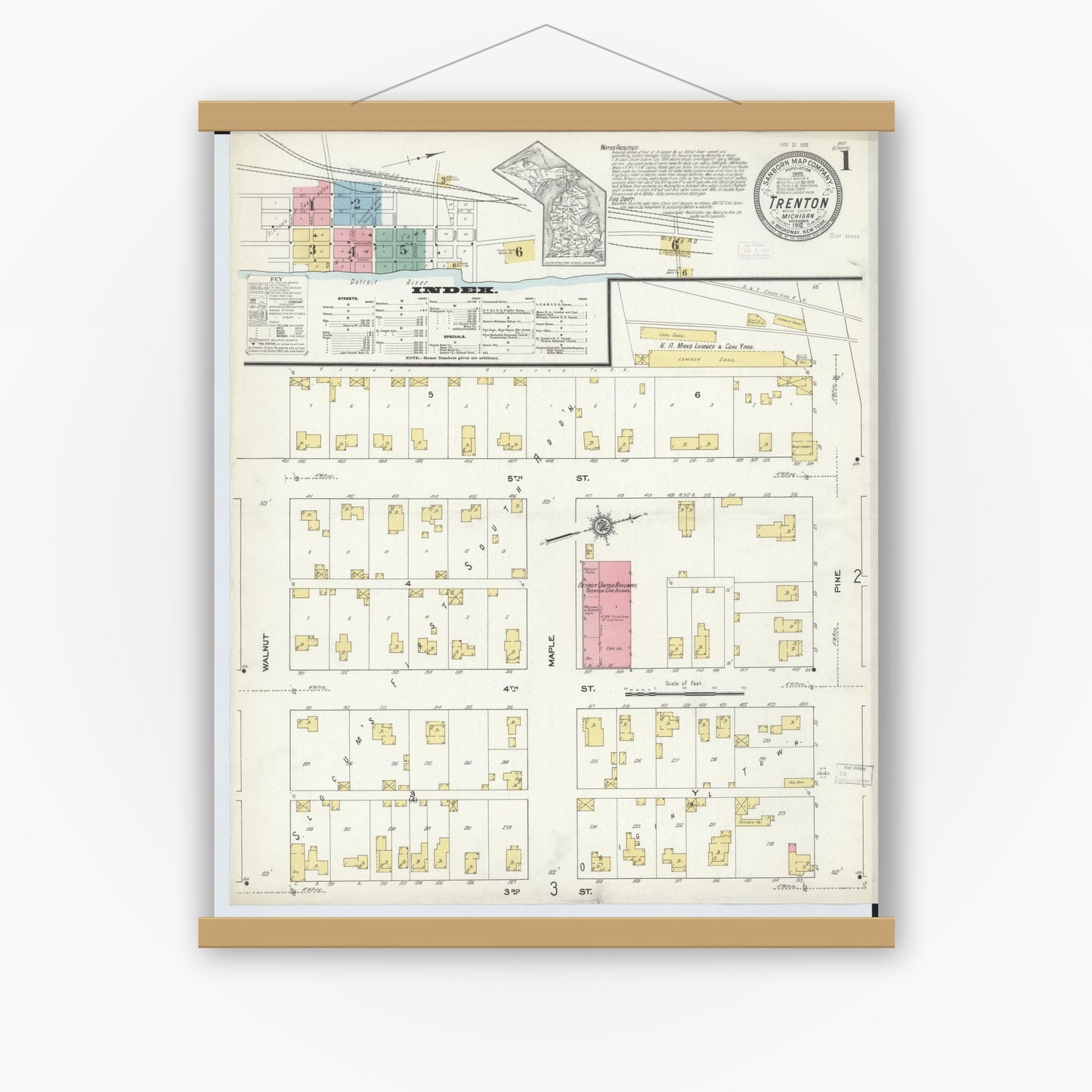 Old map wall art mockup — magnetic wood frame on white wall — Sanborn Fire Insurance Map from Trenton, Wayne County, Michigan (1912) - Complete Map Set