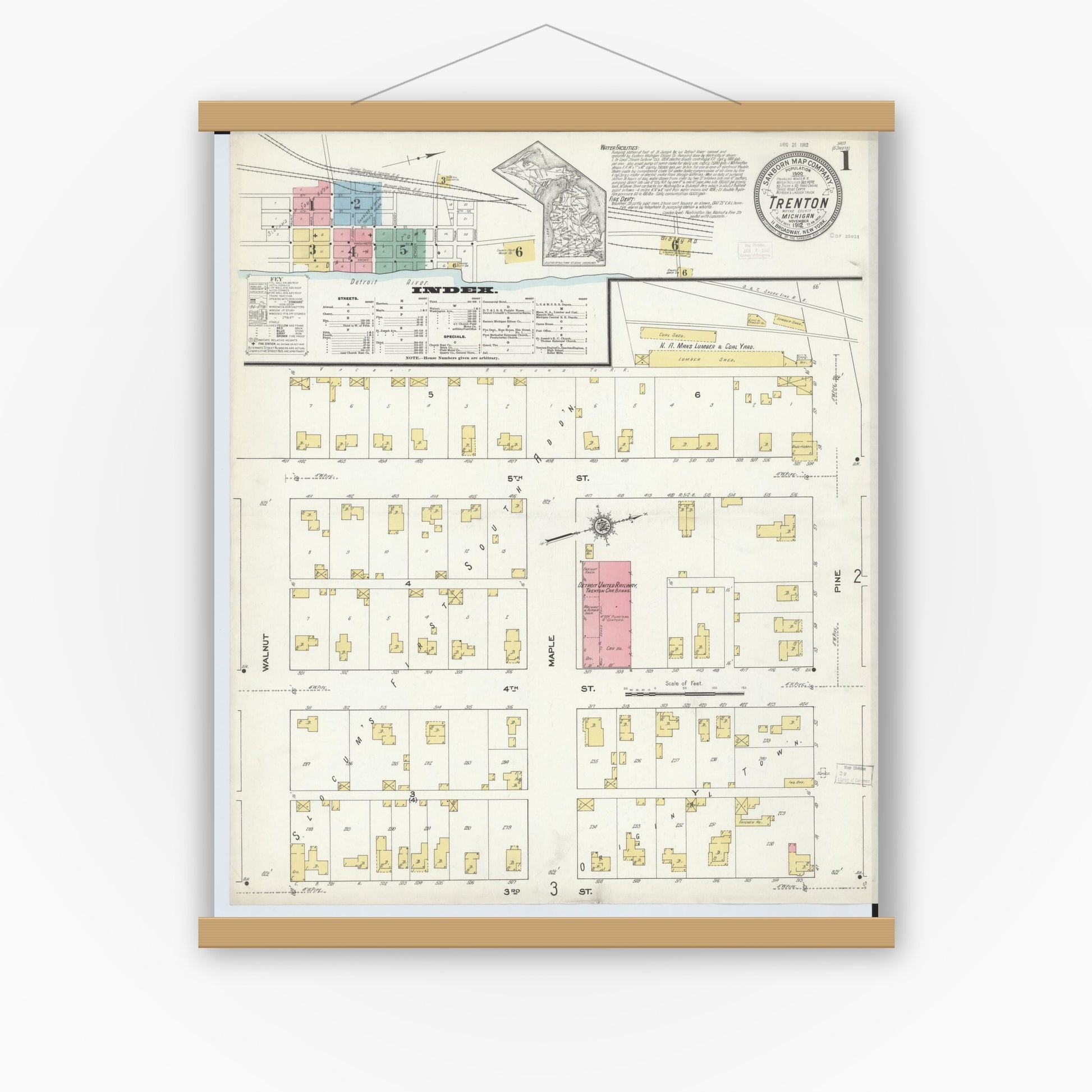 Old map wall art mockup — magnetic wood frame on white wall — Sanborn Fire Insurance Map from Trenton, Wayne County, Michigan (1912) - Complete Map Set