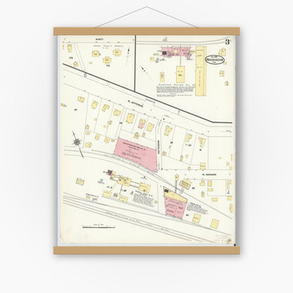 Old map wall art mockup — magnetic wood frame on white wall — Sanborn Fire Insurance Map from Waxahachie, Ellis County, Texas (1909), Sheet #0003