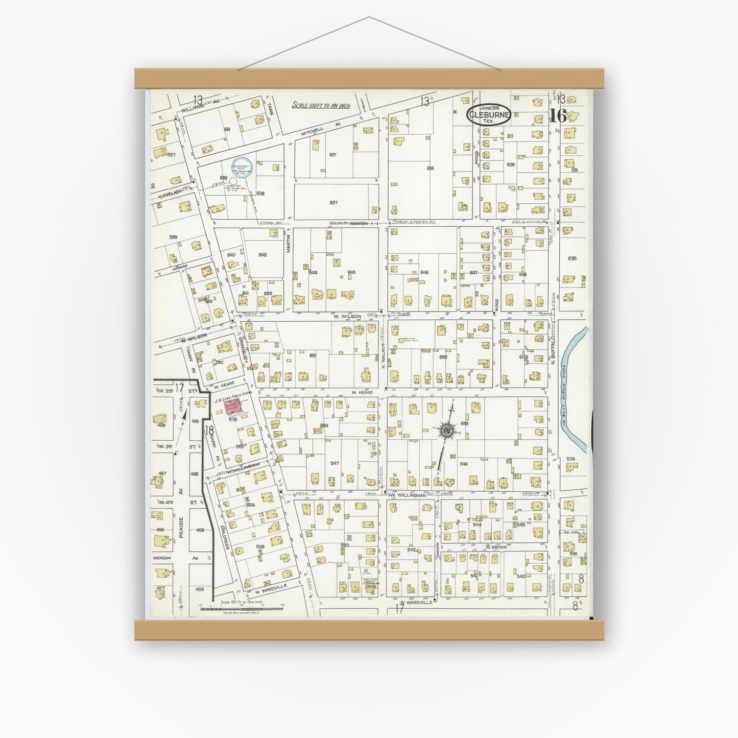 Old map wall art mockup — magnetic wood frame on white wall — Sanborn Fire Insurance Map from Cleburne, Johnson County, Texas (1918), Sheet #0016