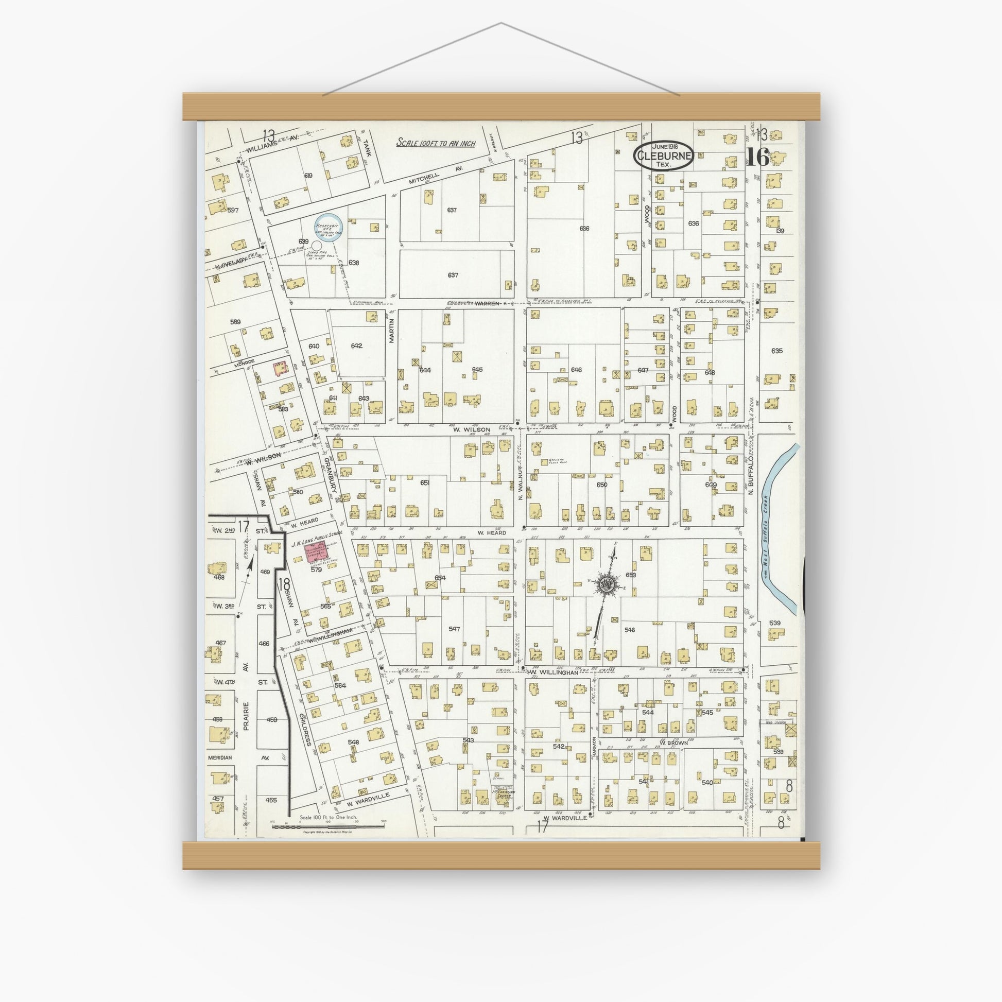 Old map wall art mockup — magnetic wood frame on white wall — Sanborn Fire Insurance Map from Cleburne, Johnson County, Texas (1918), Sheet #0016