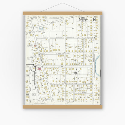Old map wall art mockup — magnetic wood frame on white wall — Sanborn Fire Insurance Map from Cleburne, Johnson County, Texas (1918), Sheet #0016
