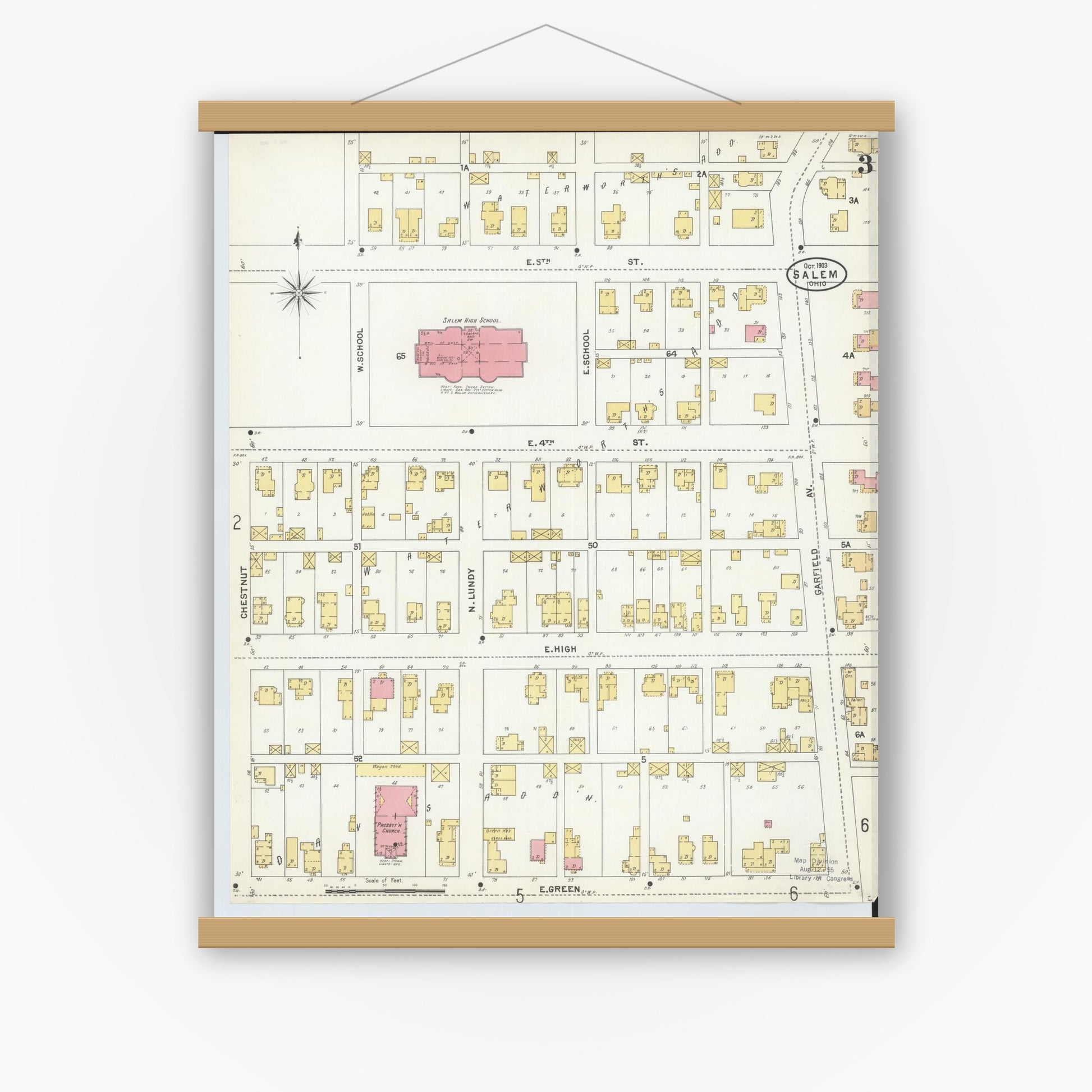 Old map wall art mockup — magnetic wood frame on white wall — Sanborn Fire Insurance Map from Salem, Columbiana County, Ohio (1903), Sheet #0003