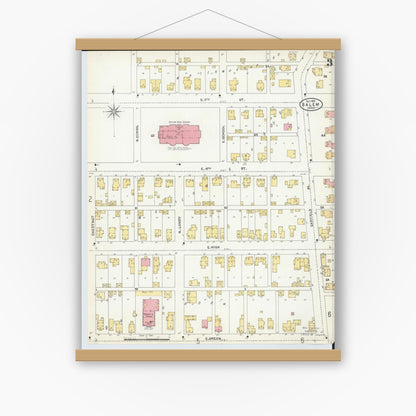 Old map wall art mockup — magnetic wood frame on white wall — Sanborn Fire Insurance Map from Salem, Columbiana County, Ohio (1903), Sheet #0003
