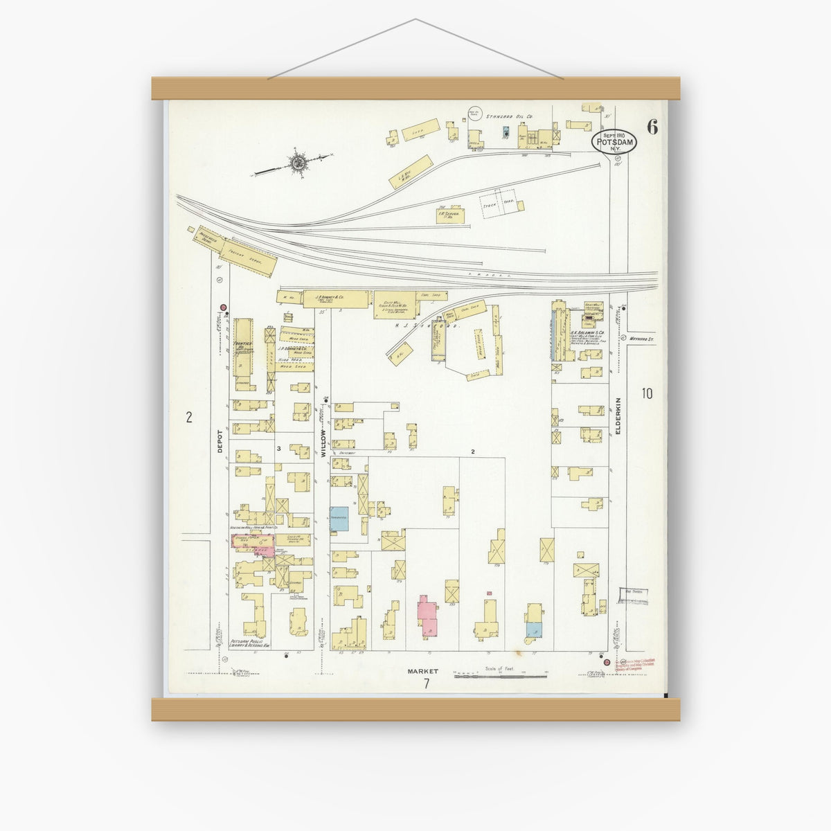 Old map wall art mockup — magnetic wood frame on white wall — Sanborn Fire Insurance Map from Potsdam, St. Lawrence County, New York (1910), Sheet #0006