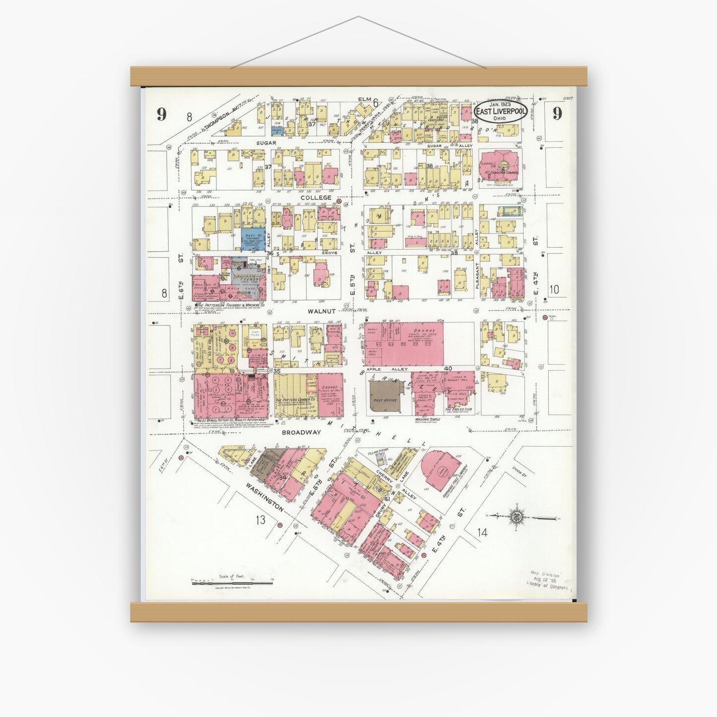 Old map wall art mockup — magnetic wood frame on white wall — Sanborn Fire Insurance Map from East Liverpool, Columbiana County, Ohio (1923), Sheet #0009