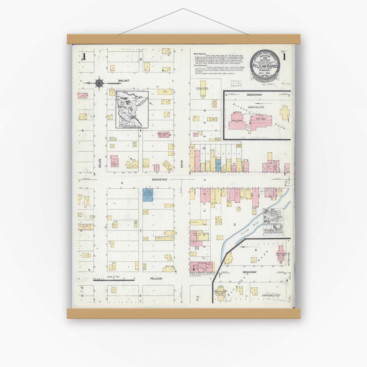 Old map wall art mockup — magnetic wood frame on white wall — Sanborn Fire Insurance Map from Pelican Rapids, Otter Tail County, Minnesota (1924), Sheet #0001