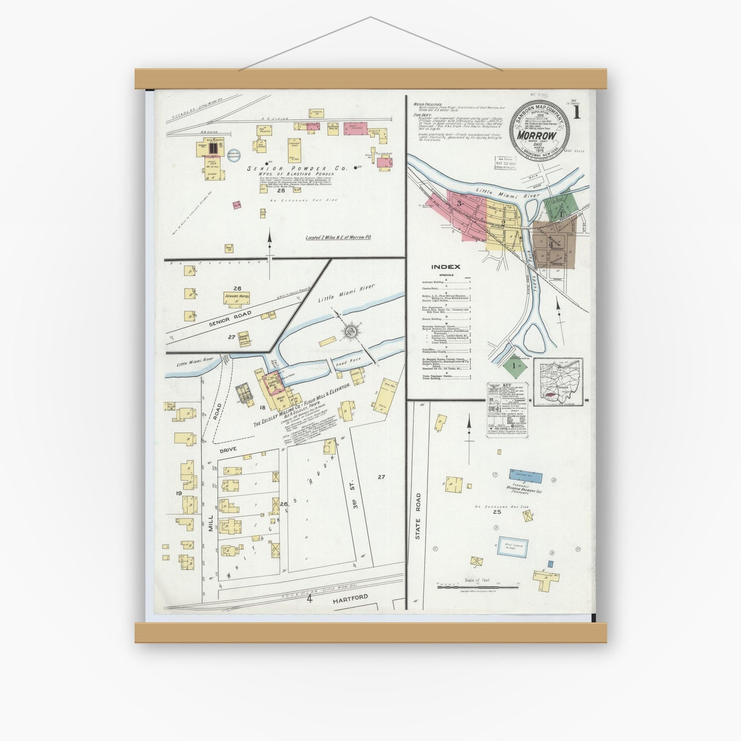 Old map wall art mockup — magnetic wood frame on white wall — Sanborn Fire Insurance Map from Morrow, Warren County, Ohio (1919), Sheet #0001