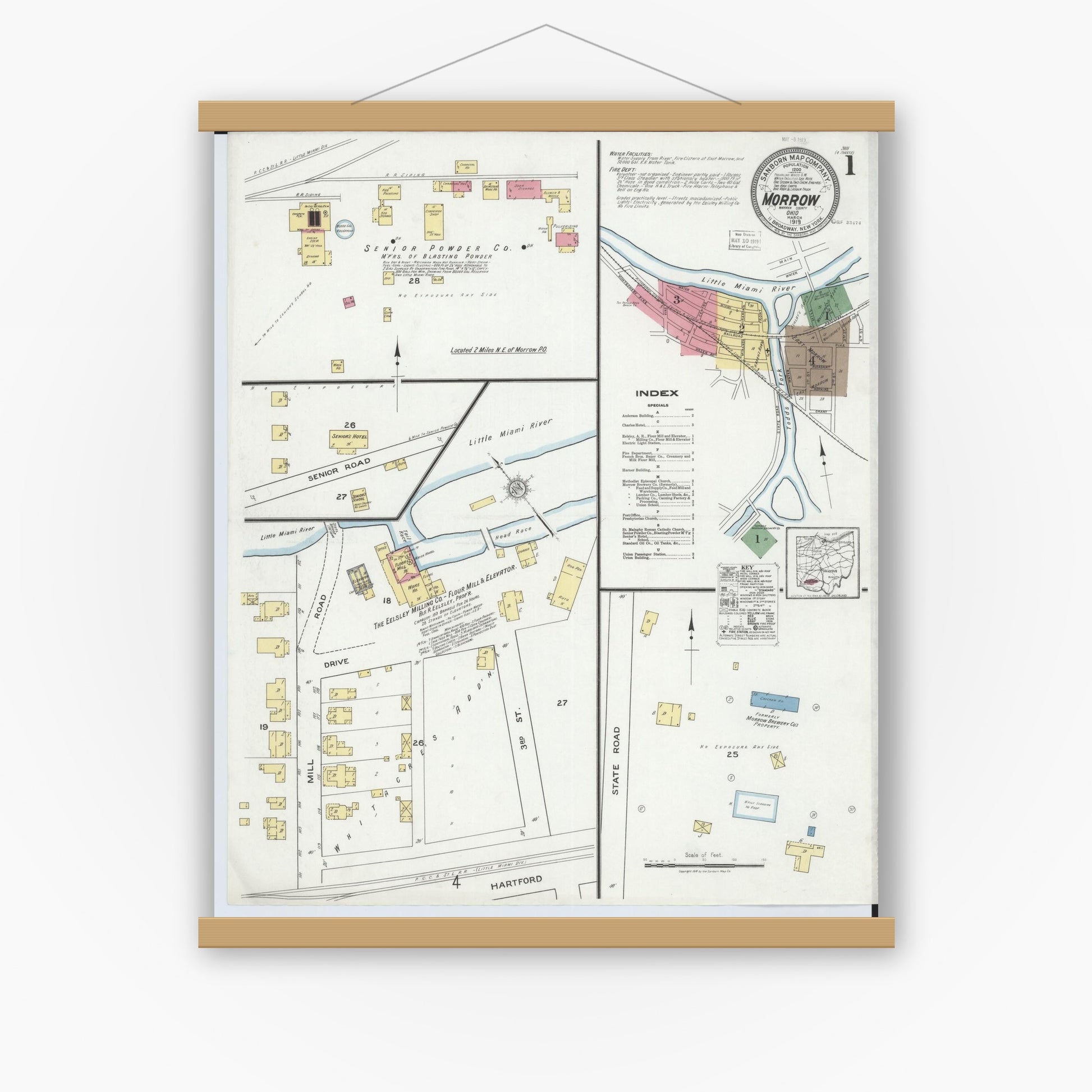 Old map wall art mockup — magnetic wood frame on white wall — Sanborn Fire Insurance Map from Morrow, Warren County, Ohio (1919), Sheet #0001