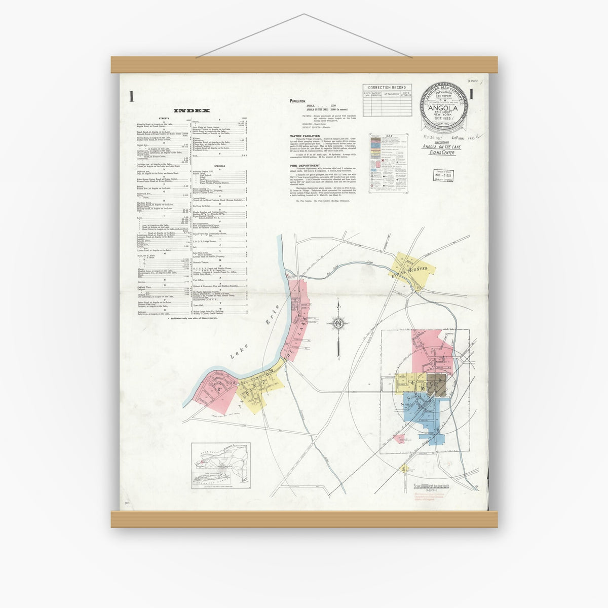 Old map wall art mockup — magnetic wood frame on white wall — Sanborn Fire Insurance Map from Angola, Erie County, New York (1933), Sheet #0001