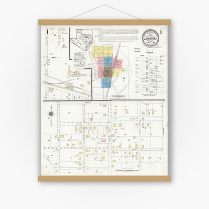 Old map wall art mockup — magnetic wood frame on white wall — Sanborn Fire Insurance Map from Lancaster, Dallas County, Texas (1928), Sheet #0001